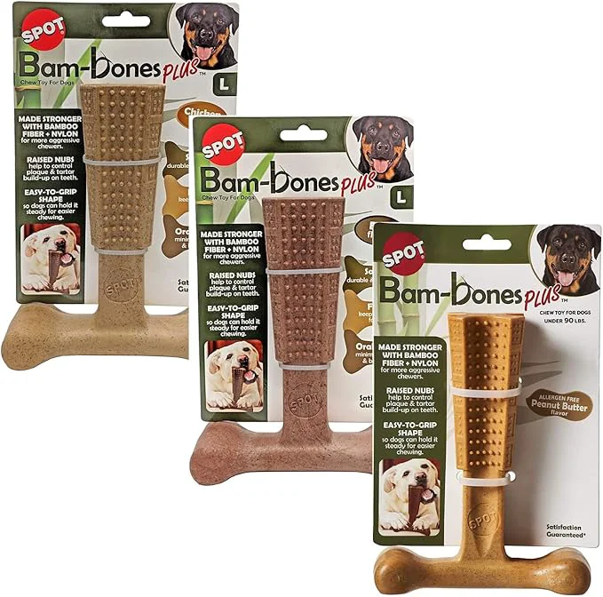Crafted SPOT by Ethical Products 4 in Bambone Plus Easy Grip Peanut Butter Beef Chicken Dog Chew Bundle - Bamboo Nylon Anti Anxiety Bone for Aggressive Chewers Dental Health for Dogs - Large 3 Pack About This Soft