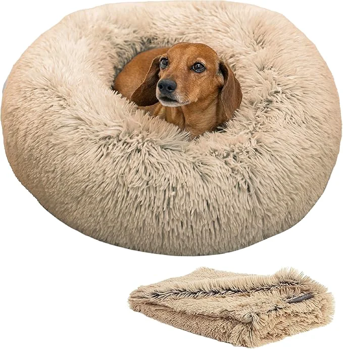 Classic Friends by Sheri Bundle Set The Calming Shag Donut Cuddler Cat and Dog Bed Pet Throw Blanket Taupe Small 23x23About ThisOverview Relaxed