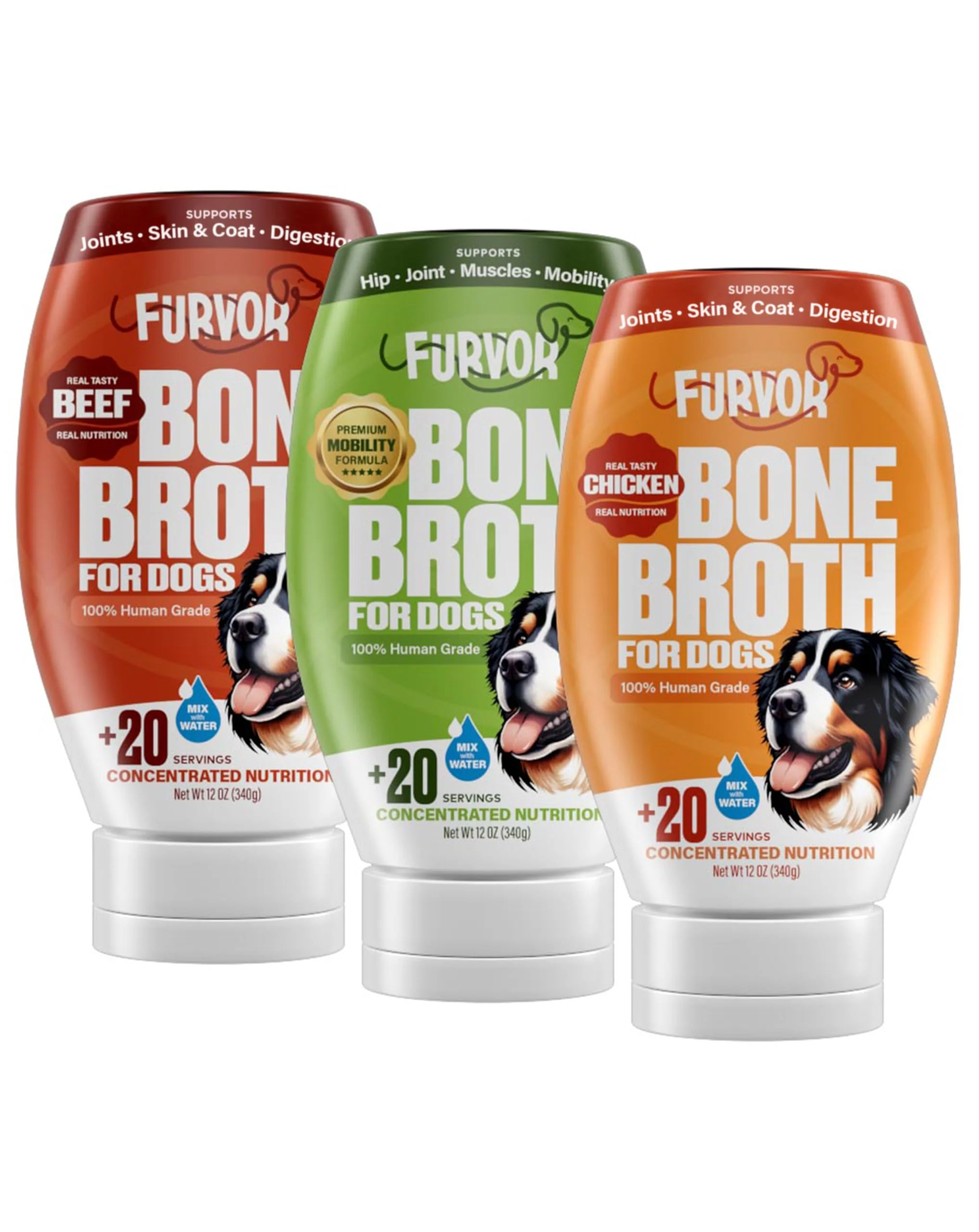 Advanced Furvor Bone Broth for Dogs – Beef Chicken Mobility Support 60 Servings 3pk Versatile