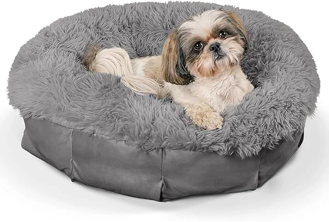 Advanced Friends by Sheri Ultra Calming Pouf Bed Orthopedic Round Dog Bed for Joint Support Faux Fur Washable Cover Gray Small 23 x23 About ThisOverview Proven