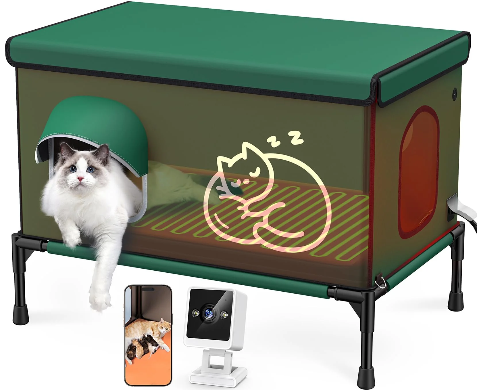 Official Chumajor Heated Outdoor Cat House with Camera Waterproof Insulated Winter Shelter Green Environmentally Friendly