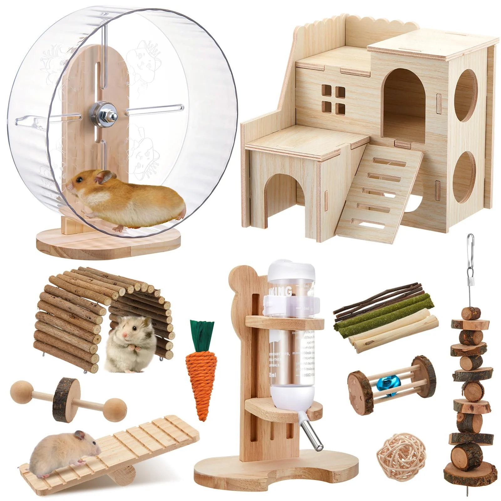 Traditional Sonwyoung 18 Pcs Hamster Cage Accessories – Silent Wheel 15 Chew Toys Maze Wood House Water Bottle Set Fast