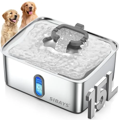 User-Friendly SIBAYS FS78 4Gal 15L Stainless Steel Dog Water Fountain for Large Dogs – Ultra Quiet Water Level Window LED Long-Lasting