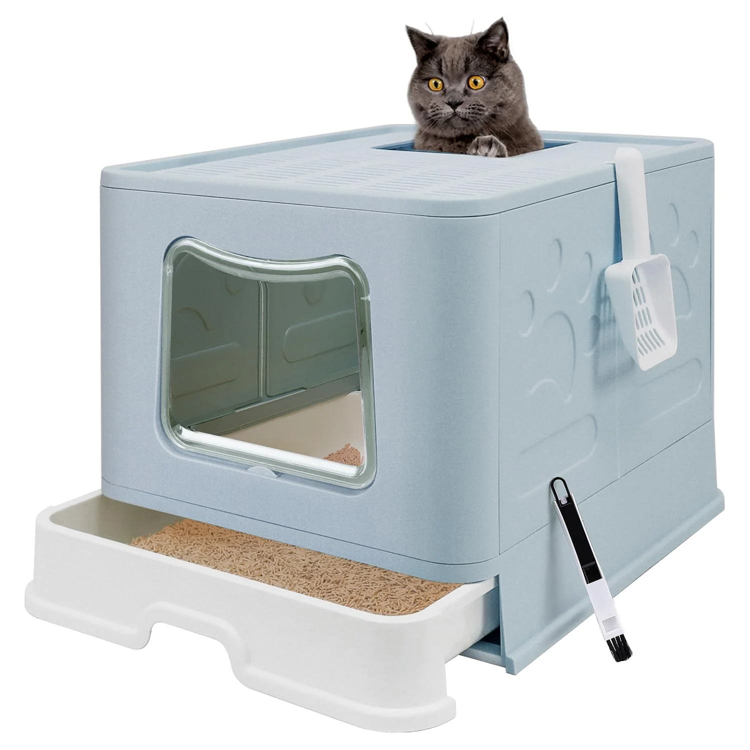 Certified Fophop XL Foldable Cat Litter Box with Lid - Top Entry Enclosed Potty Anti-Splash Scoop 2-in-1 Brush Blue Exceptional