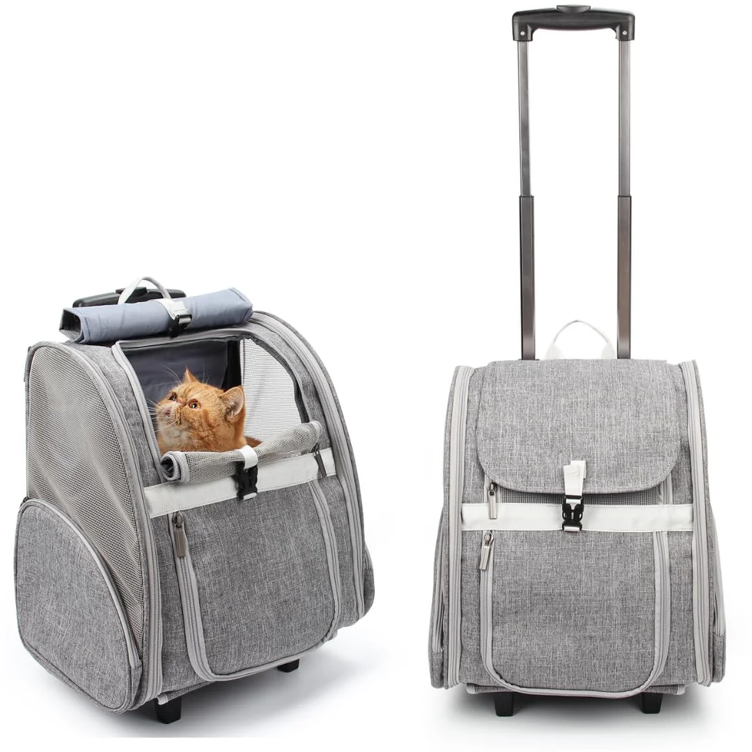 Artisan Lollimeow Pet Rolling Carrier with Wheels – 2-in-1 Backpack Trolley Grey Contemporary