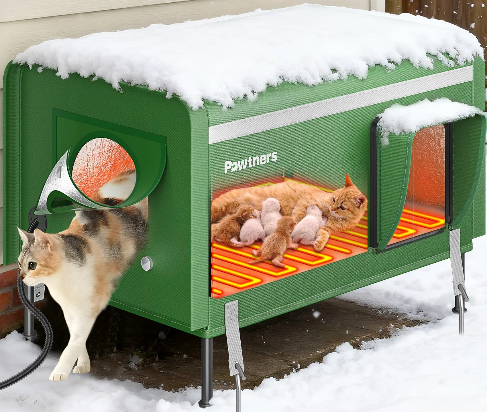 Professional Pawtners Heated Outdoor Cat House — 26'' XL Insulated Weatherproof Shelter with Heated Pad High-Quality