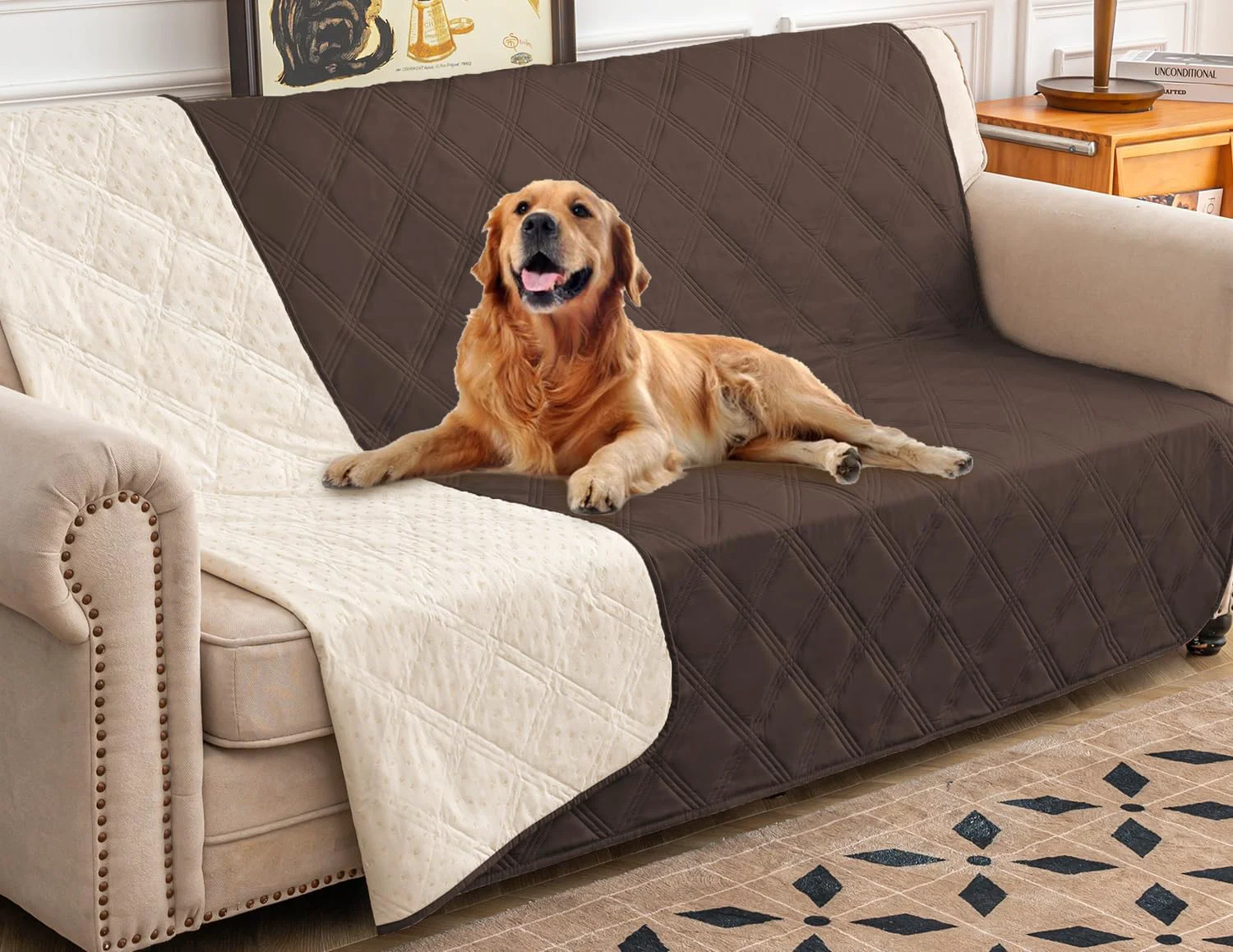 Advanced Ameritex Waterproof Dog Bed Cover Pet Blanket with Anti-Slip Back for Furniture Bed Couch Sofa Natural