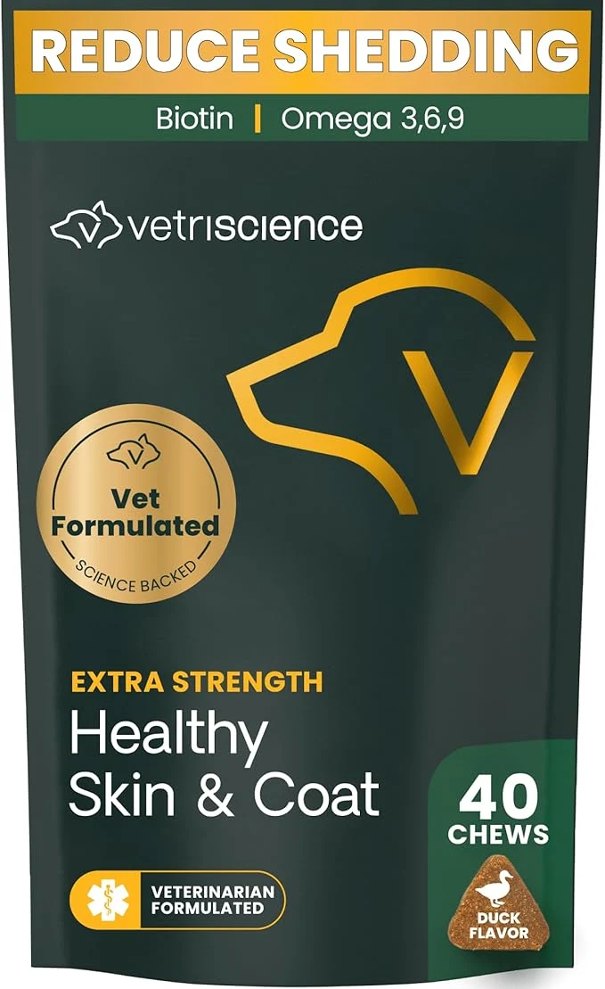 Consistent VetriScience Extra Strength Healthy Skin Coat Chews Omega Plus Supplement for Dogs with Balanced Omega 3 6 9 Fish Oil and Biotin Skin Health Coat Growth and Shine Duck 40 CountAbout This Artisan