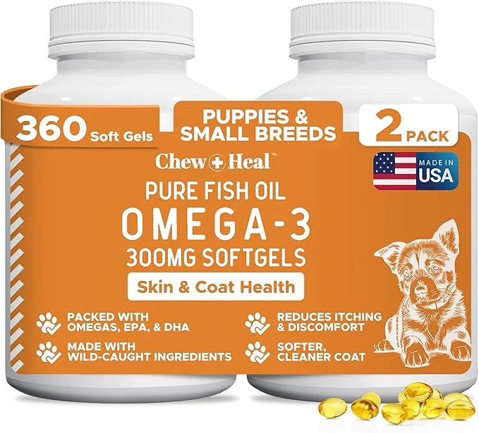 Official Wild Caught Omega 3 Fish Oil for Dogs - 300mg Mini Softgel Capsules for Healthy Skin and Coat - 360 Dog Fish Oil Pills for Shedding Dry Itching Skin and Hot Spots 2 Packs of 180 About ThisOverview Expertly Made