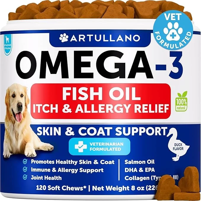 Carefully Designed Omega 3 Fish Oil for Dogs - Dog Allergy Chews - Itch Relief Skin and Coat Supplement with Salmon Oil - Hot Spots Treatment - Allergy Anti Shedding Support - EPA DHA Fatty Acids - 120 TreatsAbout ThisOverview Prestigious