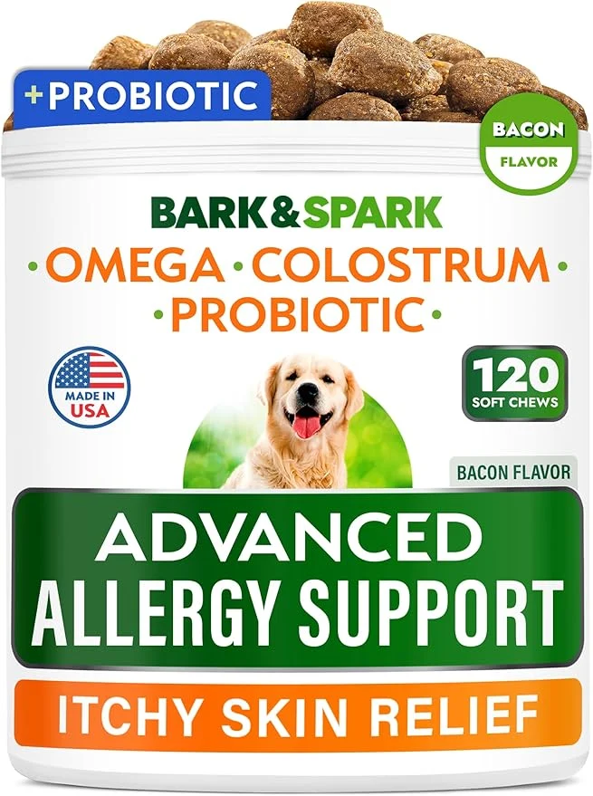 Exceptional BARK SPARK Advanced Dog Allergy Relief Soft Chews for Skin Health Seasonal Allergies - Anti-Itch Supplement w Omega-3 Quercetin Bromelain Immune Treats for Dry Skin Hot Spots - Bacon - 120ctAbout This Excellent