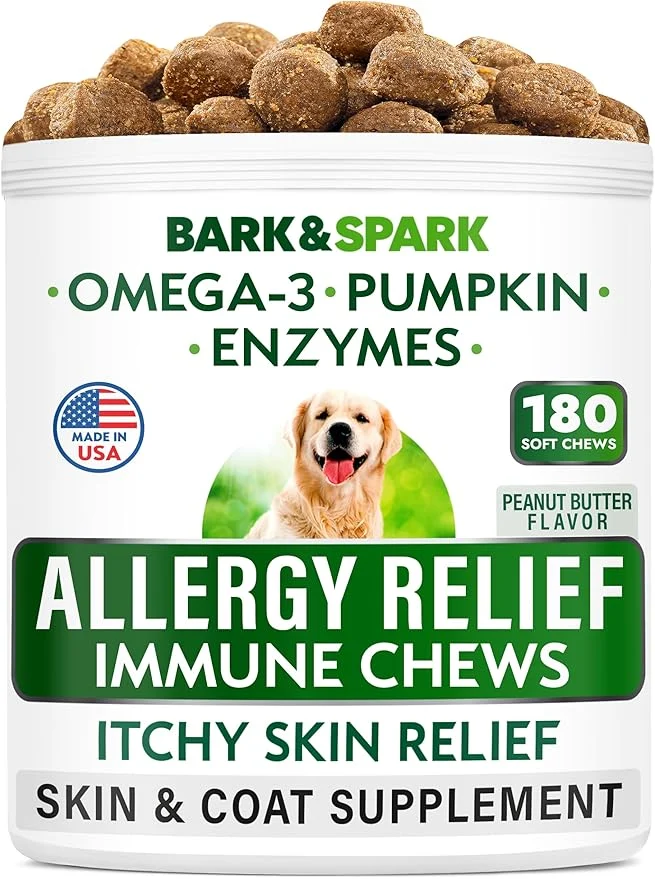 Sustainable BARK SPARK Dog Allergy Relief Soft Chews for Skin Health Seasonal Allergies - Anti-Itch Supplement w Omega-3 Quercetin Bromelain Immune Treats for Dry Skin Hot Spots - Peanut Butter - 180ctAbout This Environmentally Friendly