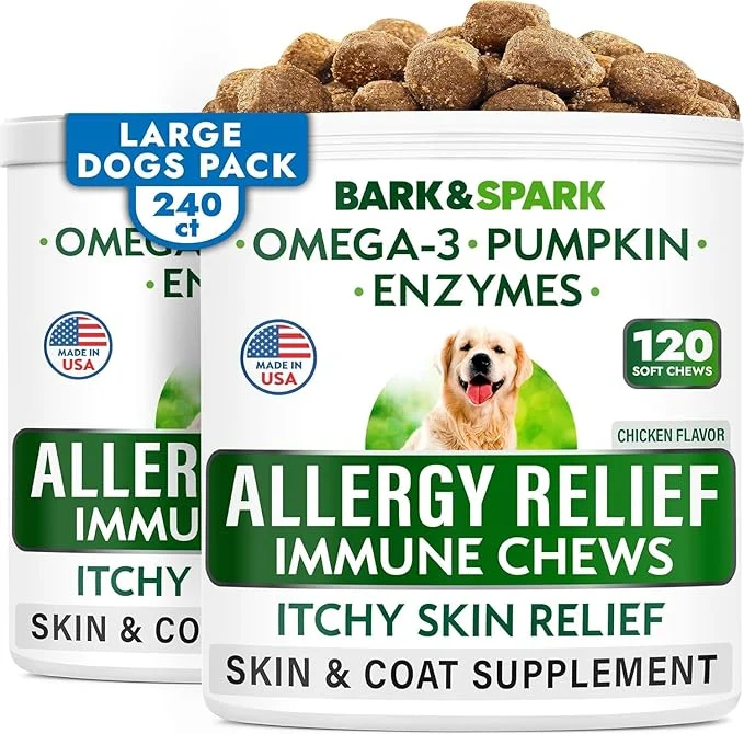 Efficient BARK SPARK Dog Allergy Relief Soft Chews for Skin Health Seasonal Allergies - Anti-Itch Supplement w Omega-3 Quercetin Bromelain Immune Treats for Dry Skin Hot Spots - Chicken - 240ctAbout This Natural