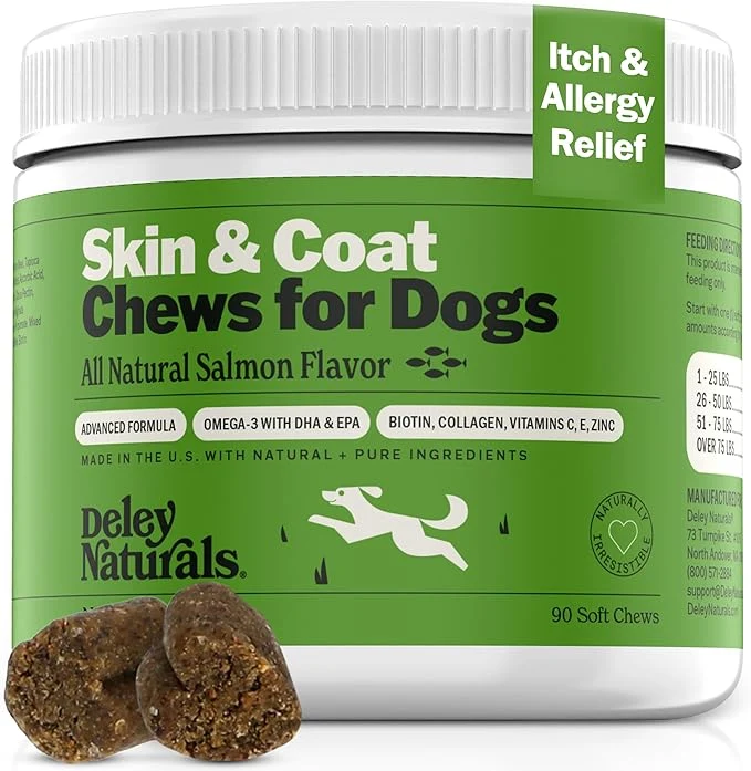 Carefully Designed Deley Naturals Skin Coat Chews - Dog Allergy Chews with Omega 3 Fish Oil Biotin Collagen and Essential Vitamins - Supports Dog Itching Skin Relief Reduces Dryness and Healthy Coat - 90 ChewsAbout ThisOverview Refined