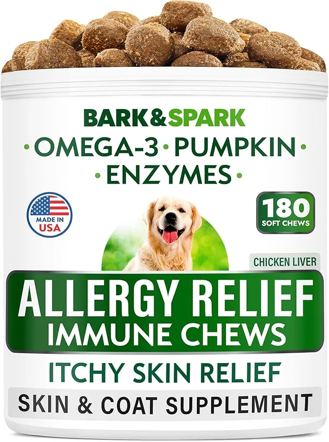 Elegant BARK SPARK Dog Allergy Relief Soft Chews for Skin Health Seasonal Allergies - Anti-Itch Supplement w Omega-3 Quercetin Bromelain Immune Treats for Dry Skin Hot Spots - Chicken Liver - 180ctAbout This Long-Lasting