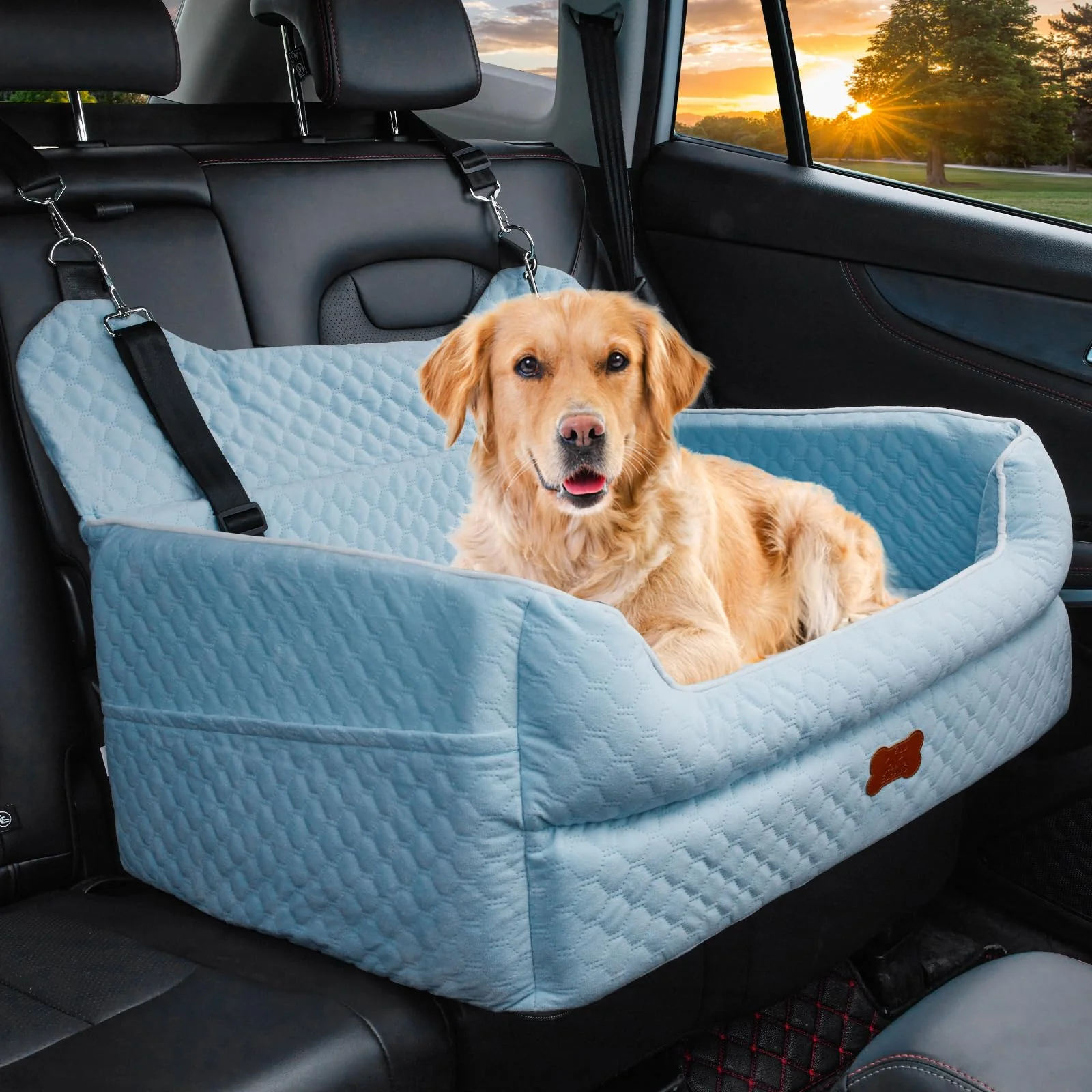 Certified EUHAMS Dog Car Seat for Large Medium Dogs — Memory Foam Booster Seat with Detachable Cover Blue Genuine