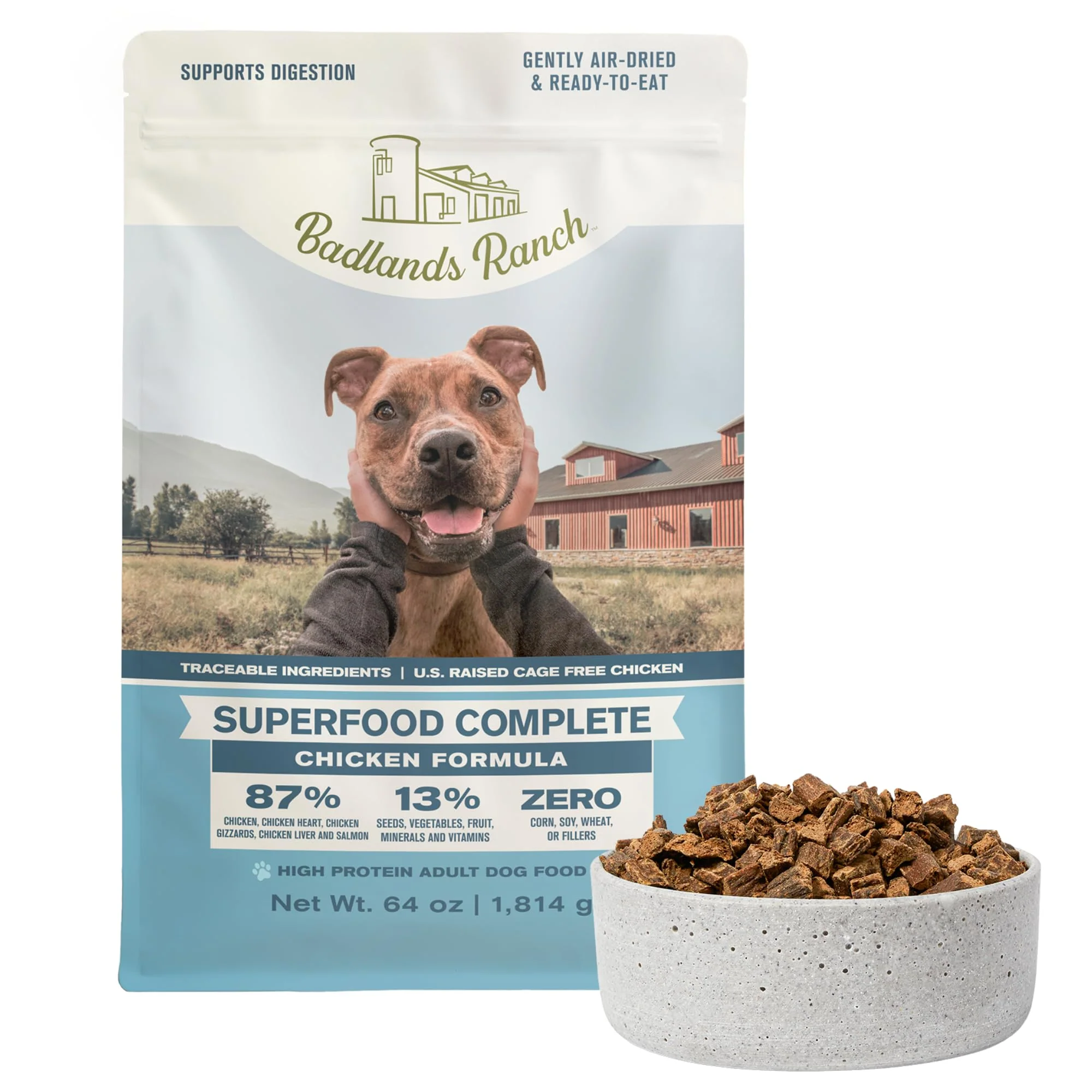 Clean BADLANDS RANCH Superfood Complete Air-Dried Dog Food – Premium Chicken 64 oz Original Design