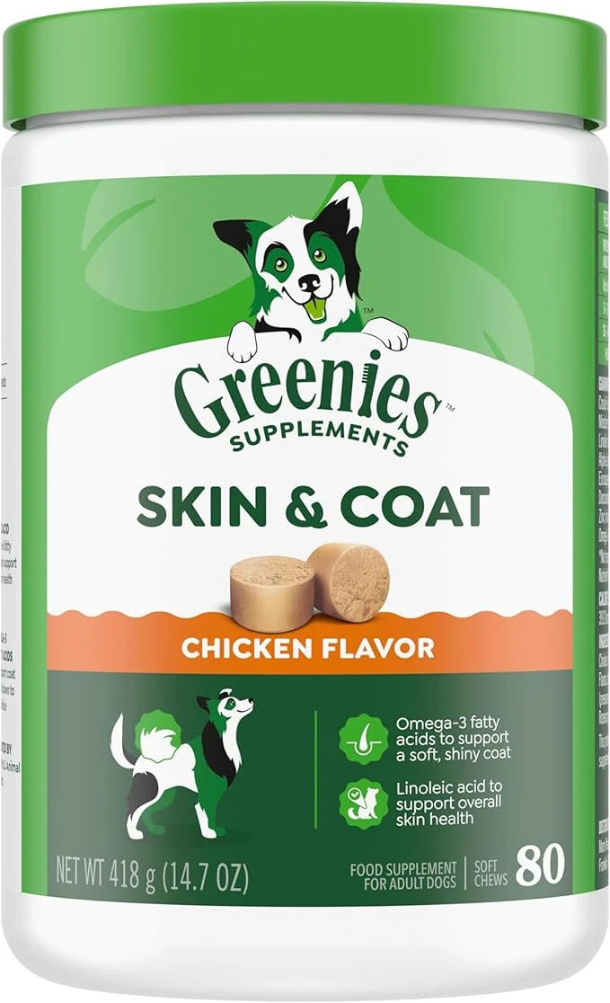 Trendy Greenies Supplements Dog Skin and Coat Supplements with Omega 3 Fatty Acids Fish Oil for Dogs Chicken Flavor 14.7 oz 80 CountAbout This Reusable