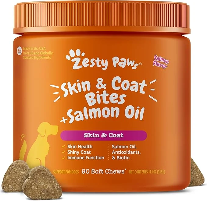 Soft Zesty Paws Salmon Oil for Dogs Skin and Coat Omega 3 Fish Oil Chews Dog Allergy Relief Chews Itch Relief Supplement 90 Count Salmon FlavorAbout ThisOverview Exceptional