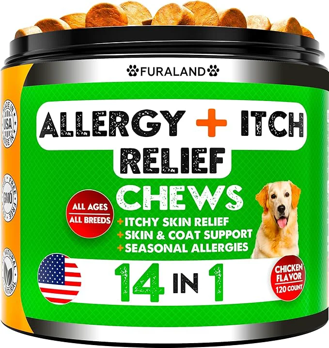 Fashionable Dog Allergy Relief Chews - Dog Itch Relief - Omega 3 Fish Oil Probiotics - Itchy Skin - Seasonal Allergies - Anti Itch Support Hot Spots - Immune Supplement for DogsAbout ThisOverview Fine