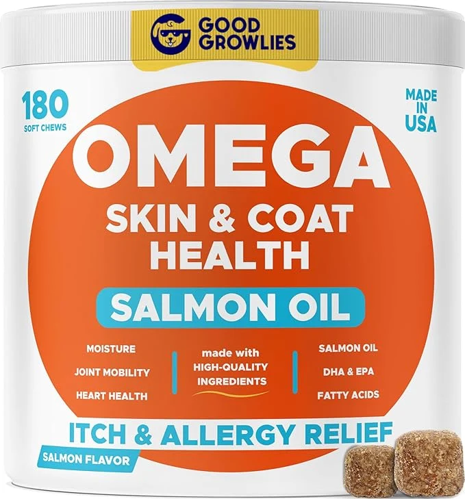 Superior Omega 3 Fish Oil for Dogs 180Ct - Skin Coat Chews - Dry Itchy Skin Relief Allergy Support - Shiny Coat - EPA DHA Fatty Acids - Salmon Oil Chews Promotes HeartAbout This Convenient