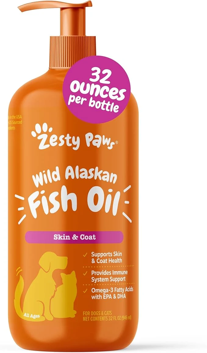 Fine Crafted Zesty Paws Wild Alaskan Fish Oil for Dogs Cats - Pollock Salmon Oil Blend - Omega 3 Fatty Acids EPA DHA for Pets - for Sensitive Skin Coat Health - Immune System Support - 32 fl ozAbout ThisOverview Reusable