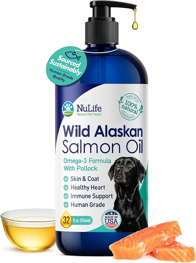 User-Friendly Pure Wild Alaskan Salmon Oil for Dogs - Omega 3 Formula - Dog Fish Oil Liquid - Skin and Coat Supplement for Shedding - Dry Itchy Skin and Allergies - EPA DHA Fatty Acids - 32 oz Pump BottleAbout This First-Class