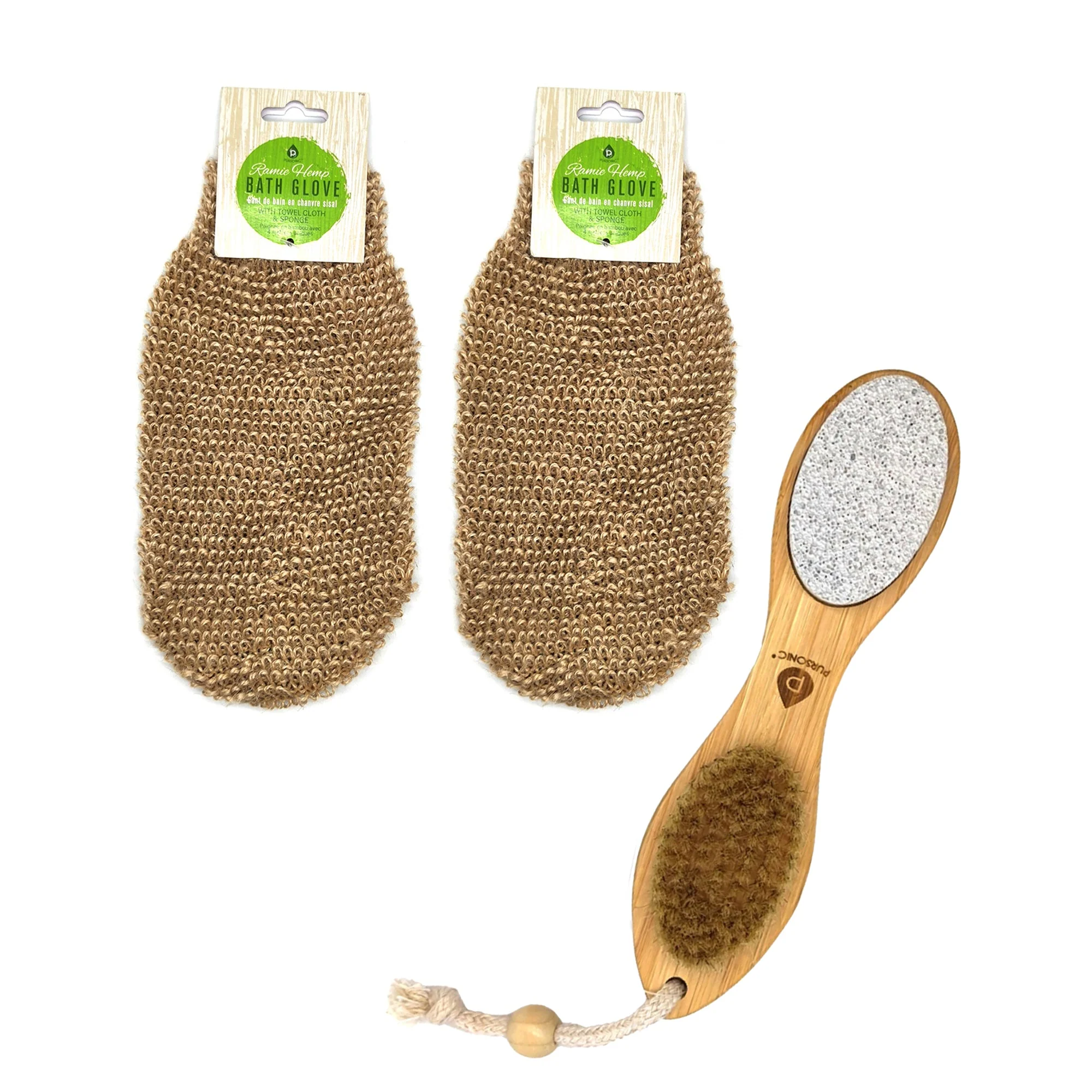 Sophisticated Sisal Hemp Bath Glove Pack of 2 and 4-in-1 Foot Scrubber Bundle Smooth