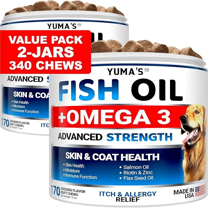 Quality 2 Pack Omega 3 Fish Oil for Dogs - 170 Chews - Skin and Coat Supplement - Omega 3 for Dogs - Dry Itchy Skin Relief Treatment - Allergy Support Dog Anti Shedding Treats - Salmon - Chicken FlavorAbout ThisOverview Soft