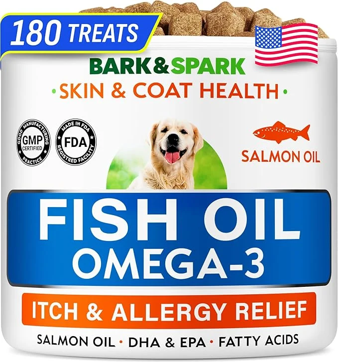 Eco-Friendly BARK SPARK Omega 3 for Dogs - 180 Fish Oil Treats for Dog Shedding Skin Allergy Itch Relief Hot Spots Treatment - Joint Health - Skin and Coat Supplement - EPA DHA Fatty Acids - Canine Salmon OilAbout ThisOverview Verified
