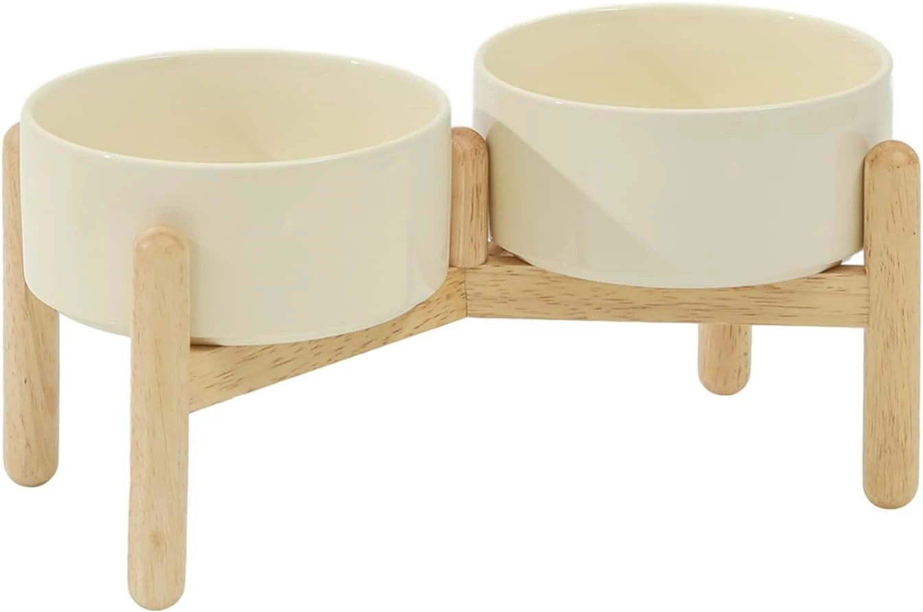 Traditional Ceramic 6.1inch Raised Dog Bowl with Stand for Small and Medium Breed Dog Dish Pet Food and Water Bowl Double Bowl with Stand - Beige 28oz Quality