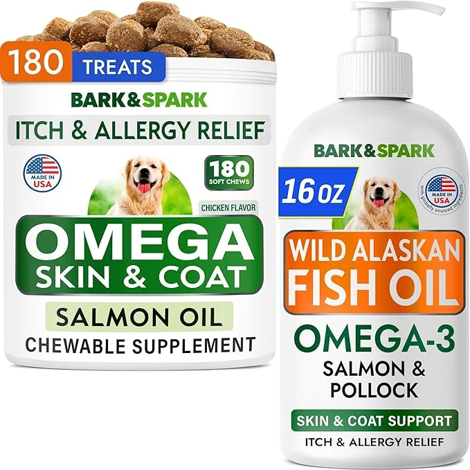 First-Class BARK SPARK Omega 3 Fish Oil for Dogs - Skin Allergy Chews Itch Relief Hot Spots Treatment - Fish Oil Liquid Supplement for Pets EPA DHA Fatty Acids Skin Coat Support - Bundle 180 Ct 16 OzAbout This Stylish