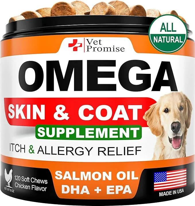 Verified Omega 3 for Dogs - Skin and Coat Supplement - Fish Oil for Dogs Chews - Allergy and Itch Relief - Anti Shedding Supplement - Dry Skin Treatment - Salmon Oil - Made in USA - 120 Soft TreatsAbout ThisOverview Natural