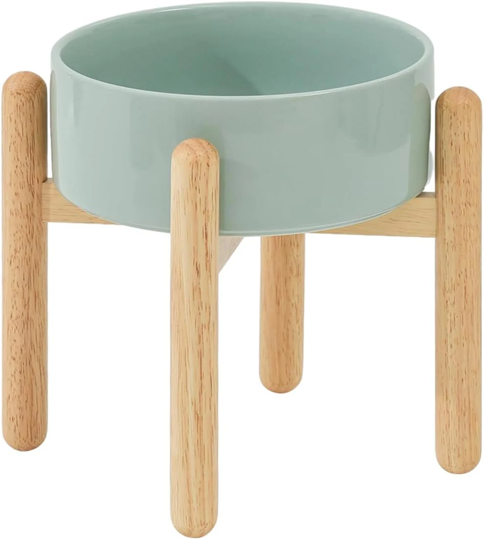 Sophisticated Ceramic 8.2inch Raised Dog Bowl with Stand for Large - Breed Dogs Pet Food and Water Feeder Single Bowl with Stand - Light Green Optimized