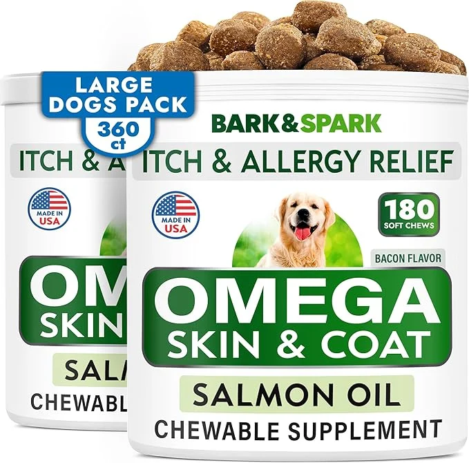 Superior BARK SPARK Omega 3 for Dogs - 360 Fish Oil Treats for Dog Shedding Skin Allergy Itch Relief Hot Spots Treatment - Joint Health - Skin and Coat Supplement - EPA DHA Fatty Acids - Salmon Oil -BaconAbout ThisOverview Soft