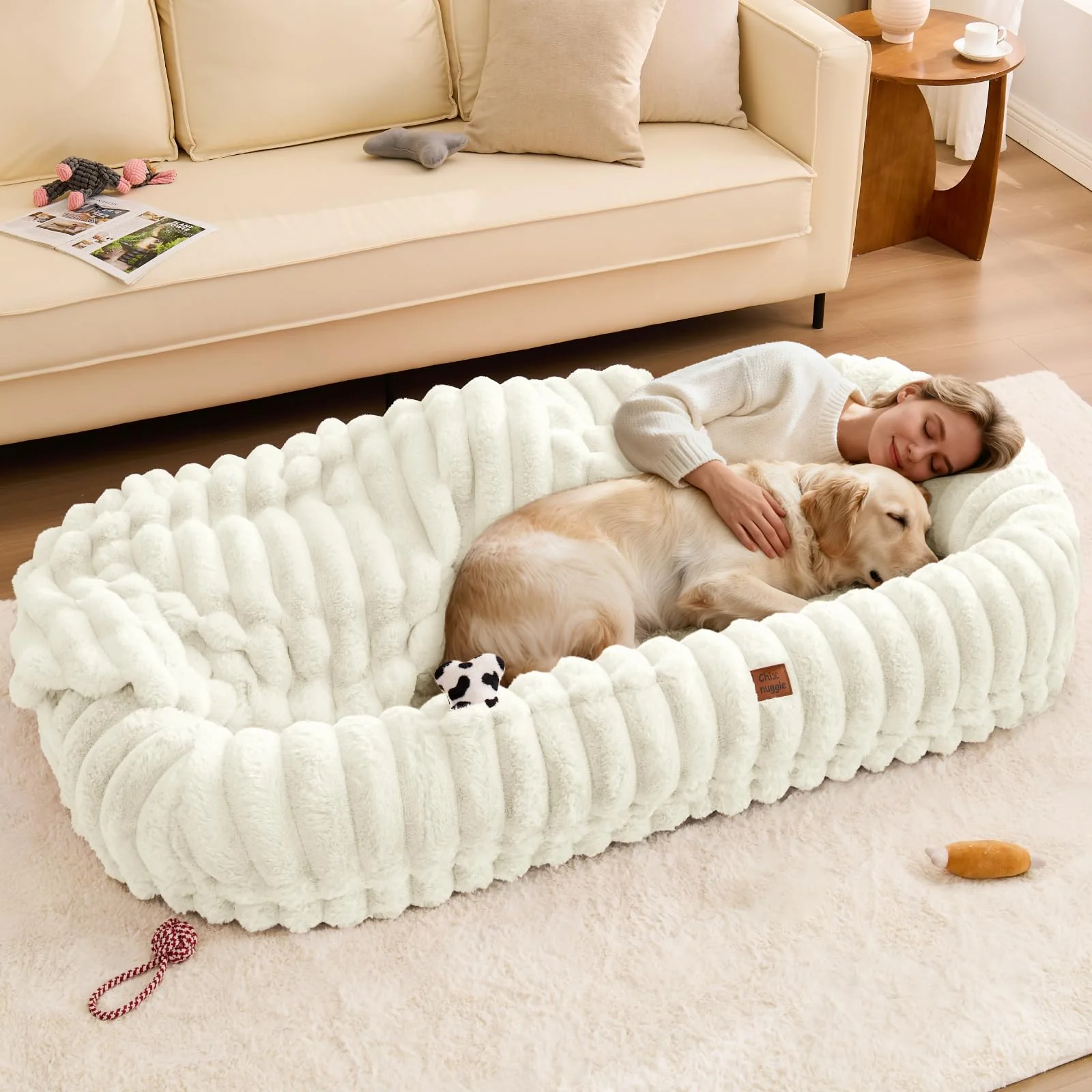 World-Class ChiXnuggle Human Dog Bed for Adults – Luxury Striped Faux Fur 72x40x10 Cream Verified