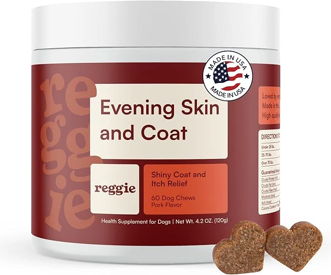 Trendy Reggie Skin Coat Supplements for Dogs Omega-3 Fish Oil Vitamin E for Itchy Skin Relief Shedding Shiny Coat Natural Dog Skin Coat Chews Vet- Made in USA 60 Soft ChewsAbout This Innovative