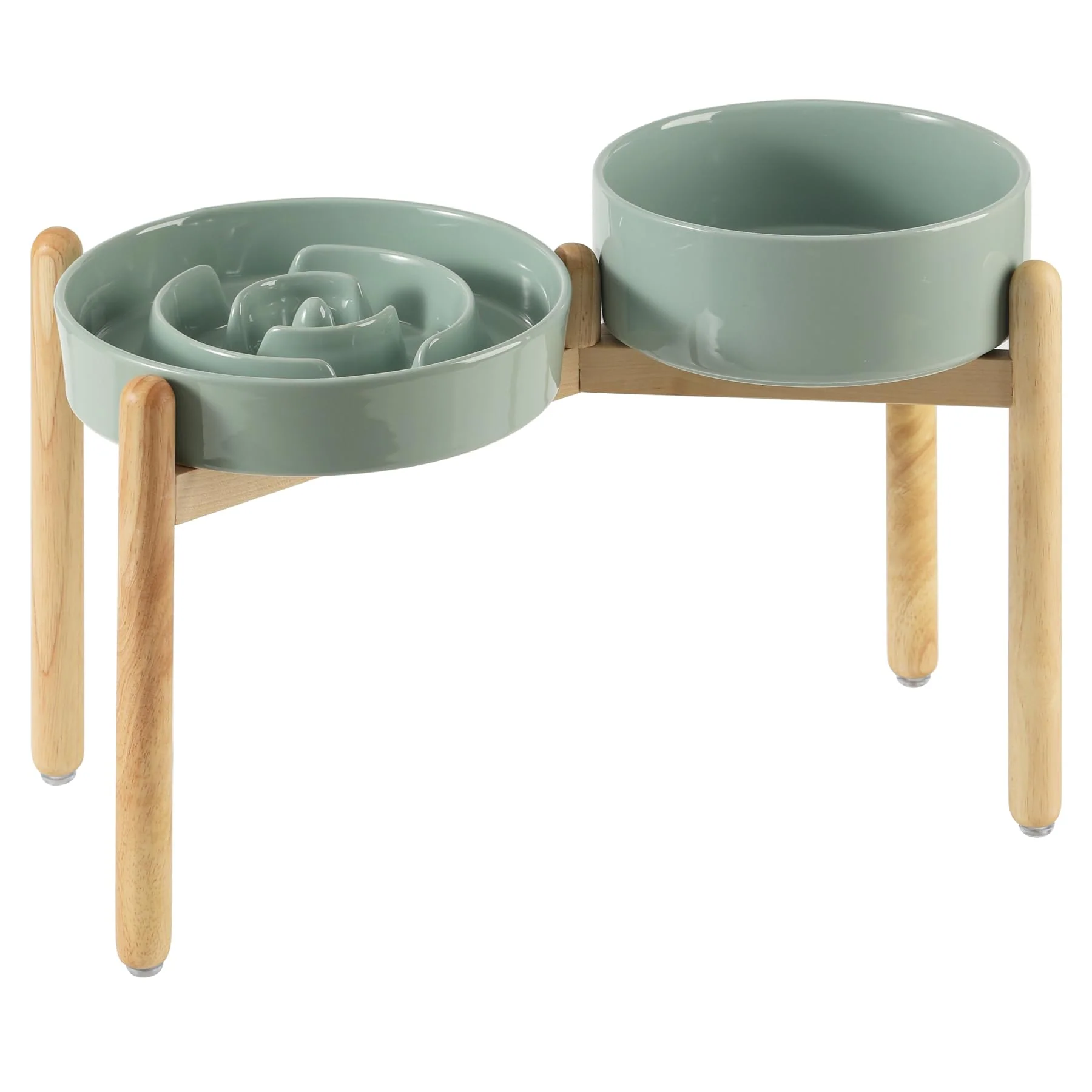Artisan Havniva Ceramic Raised Slow Feeder Dog Bowl Set – 3.2 Cup d 8.2-Inch Bowl Wooden Stand 2x Light Green Recyclable