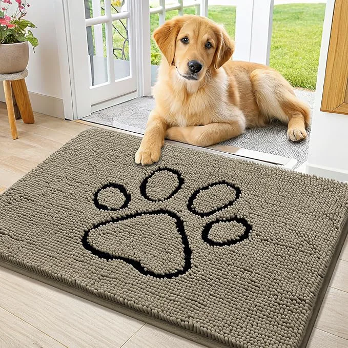 Sustainable Smiry Dog Door Mat for Muddy Paws Absorbent Dirt Trapper Non Slip Quick Dry Washable Chenille Mat for Mud Dogs Entry Rug for Indoor and Outdoor 36x24 Inches Warm Taupe and Black About ThisOverview Quality