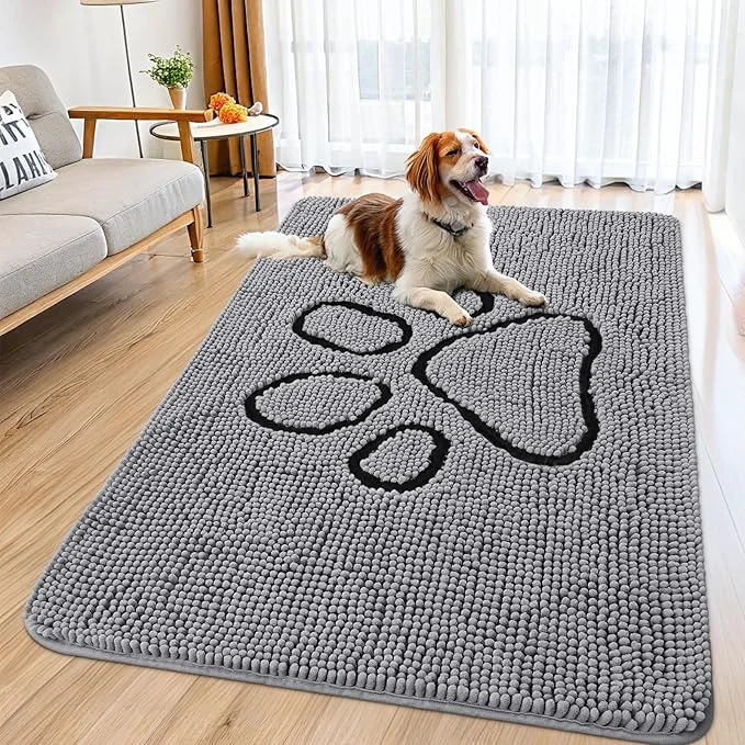 Unique Smiry Dog Door Mat for Muddy Paws Absorbent Dirt Trapper Non Slip Quick Dry Washable Chenille Mat for Mud Dogs Entry Rug for Indoor and Outdoor 59x35 Inches Grey and Black About ThisOverview Original Design