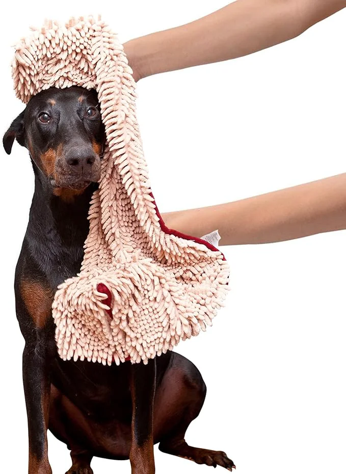 Exceptional Soggy Doggy Super Shammy Dog Towel – Absorbent Microfiber Chenille Pet Towel for Drying Wet Dogs Muddy Paws Quick Dry Dog Shammy with Hand Pockets Machine Washable – Beige Red Trim 31 x 14 About ThisOverview Refined