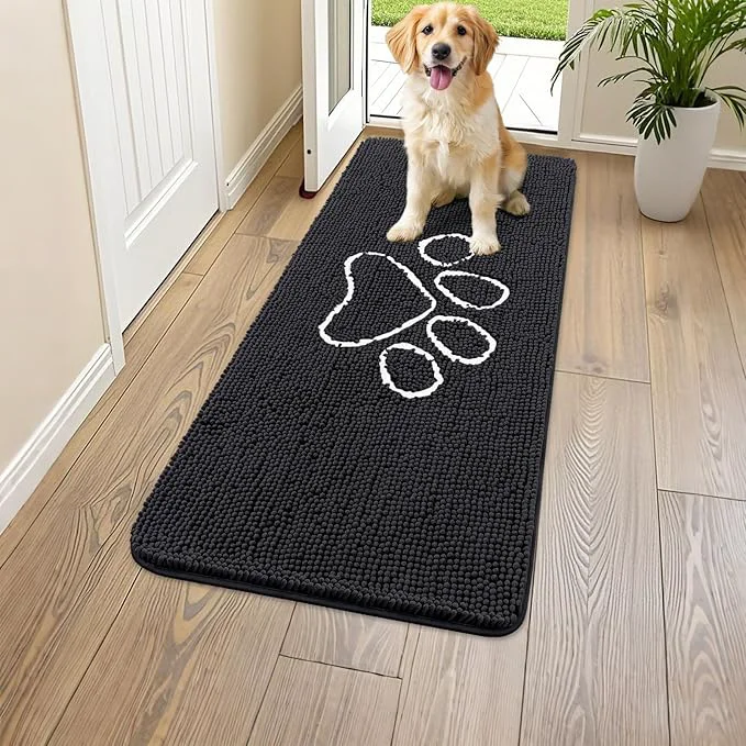 Stylish Smiry Dog Door Mat for Muddy Paws Absorbent Dirt Trapper Non Slip Quick Dry Washable Chenille Mat for Mud Dogs Entry Rug for Indoor and Outdoor 44x24 Inches Black and White About ThisOverview Convenient