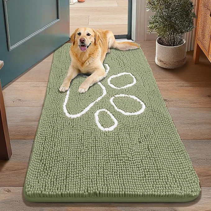 Traditional Smiry Dog Door Mat for Muddy Paws Absorbent Dirt Trapper Non Slip Quick Dry Washable Chenille Mat for Mud Dogs Entry Rug for Indoor and Outdoor 48x30 Inches Sage Green and White About ThisOverview Selected