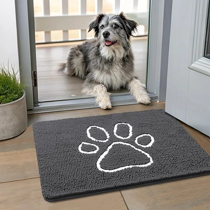 Reliable Smiry Dog Door Mat for Muddy Paws Absorbent Dirt Trapper Non Slip Quick Dry Washable Chenille Mat for Mud Dogs Entry Rug for Indoor and Outdoor 24x16 Inches Dark Grey and White About ThisOverview Clean