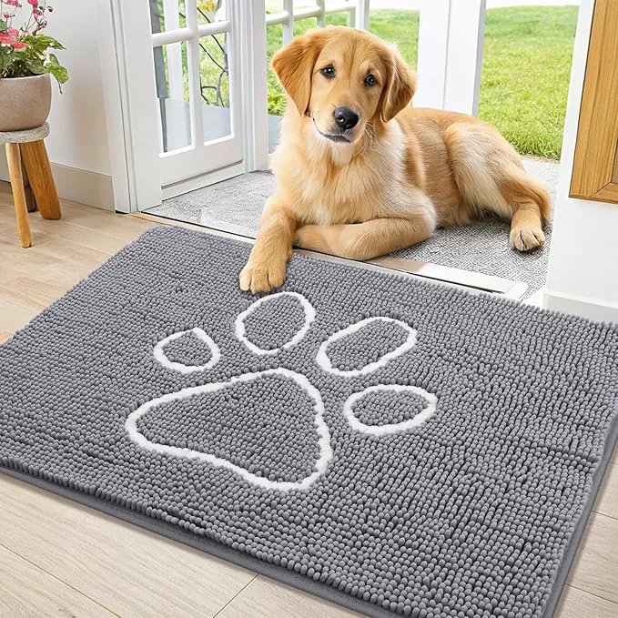 Classic Smiry Dog Door Mat for Muddy Paws Absorbent Dirt Trapper Non Slip Quick Dry Washable Chenille Mat for Mud Dogs Entry Rug for Indoor and Outdoor 36x24 Inches Grey and White About ThisOverview Exclusive