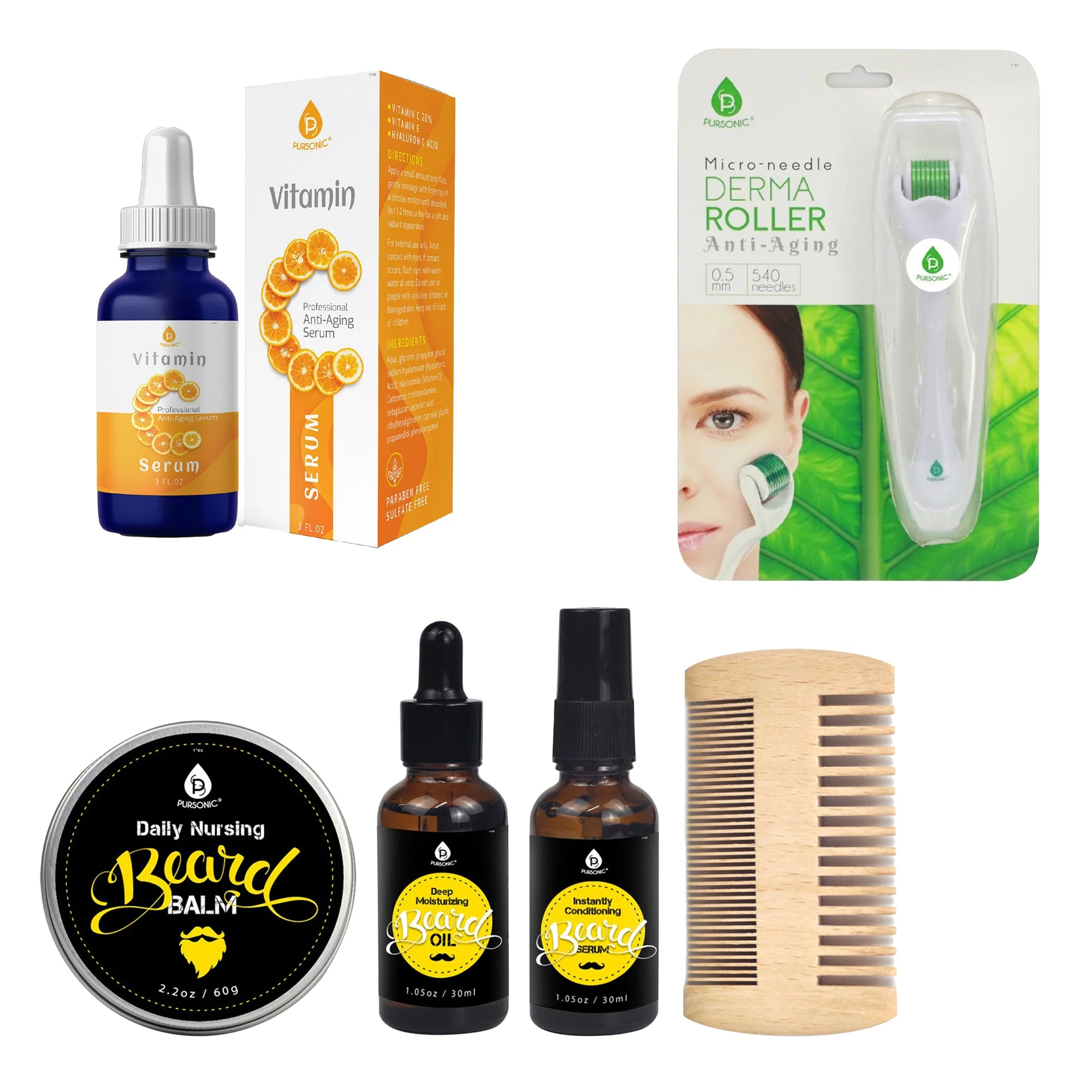 Functional Pursonic Beard Care Grooming Kit Micro Needle Derma Roller 0.5 mm and Vitamin C Serum 3 fl. oz Gift Bundle Elite