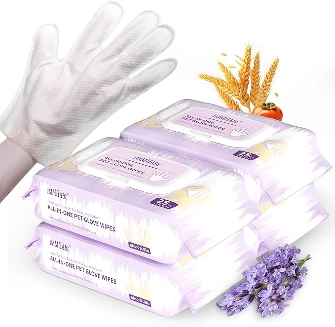 Exclusive 100 Pcs Cleaning Deodorizing Pet Glove Wipes for Dogs Cats Hypoallergenic Dog Bath Wipes with Natural Deodorizer Persimmon Tannin Pet Bathing Wipes for Horse Coat Care Lavender ScentAbout This Quality