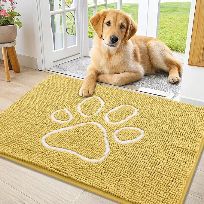 Convenient Smiry Dog Door Mat for Muddy Paws Absorbent Dirt Trapper Non Slip Quick Dry Washable Chenille Mat for Mud Dogs Entry Rug for Indoor and Outdoor 36x24 Inches Yellow and White About ThisOverview Traditional