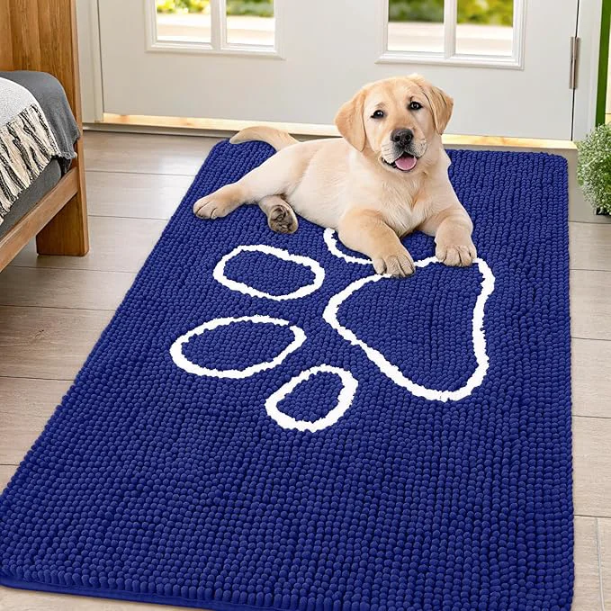 Smooth Smiry Dog Door Mat for Muddy Paws Absorbent Dirt Trapper Non Slip Quick Dry Washable Chenille Mat for Mud Dogs Entry Rug for Indoor and Outdoor 47x32 Inches Navy Blue and White About ThisOverview High-Grade