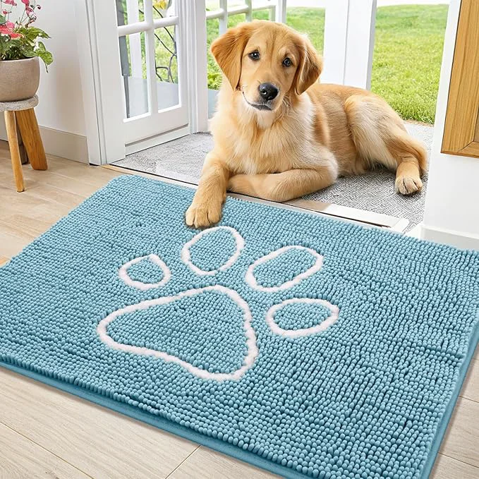 Eco-Friendly Smiry Dog Door Mat for Muddy Paws Absorbent Dirt Trapper Non Slip Quick Dry Washable Chenille Mat for Mud Dogs Entry Rug for Indoor and Outdoor 36x24 Inches Sky Blue and White About ThisOverview Next-Generation